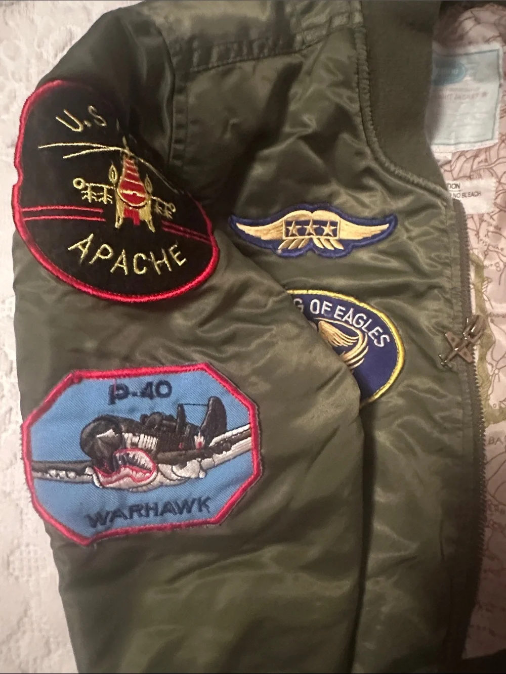 Kids Olive Green Patchwork Flight Puffer Jacket with Patches